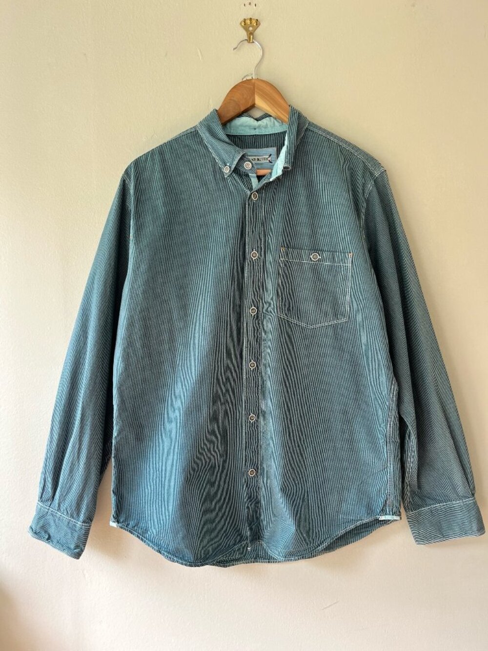 32 Bar Blues Mens Sz M Cotton Textured Button Up Pocket Shirt Blue